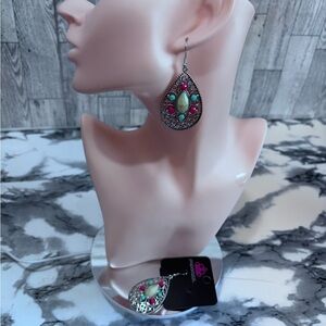Paparazzi Silver Earrings with Pink and Green Accents